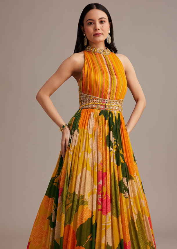 Orange Floral Print Pleated Gown With Cape