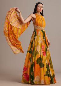 Orange Floral Print Pleated Gown With Cape