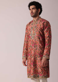 Orange Floral Printed Silk Kurta Set For Men