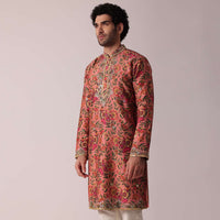 Orange Floral Printed Silk Kurta Set For Men