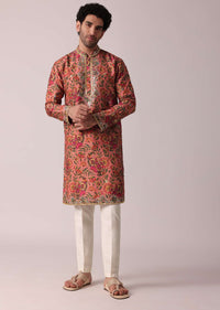 Orange Floral Printed Silk Kurta Set For Men