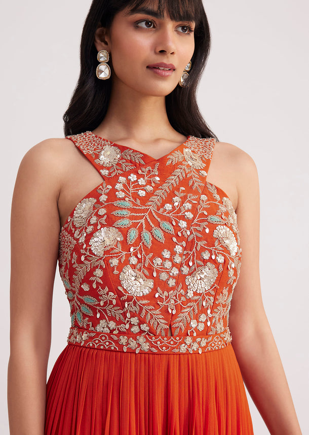 Orange Georgette Embroidered Jumpsuit With Belt
