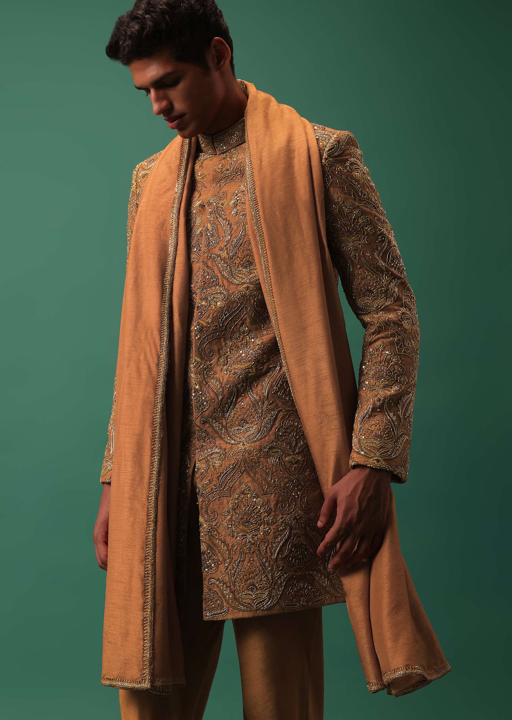 Orange Indo-Sherwani Set With Heavy Embroidery