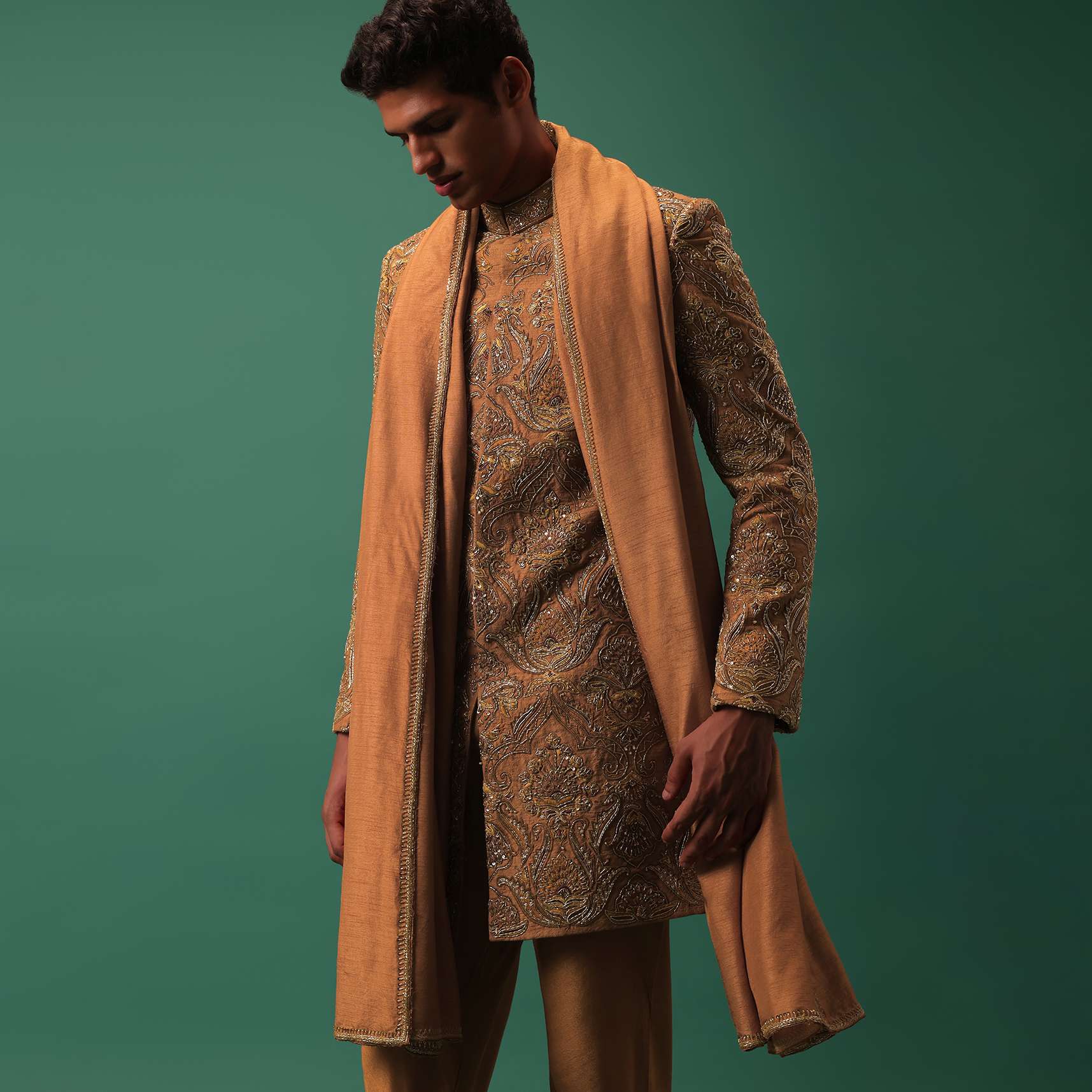 Orange Indo-Sherwani Set With Heavy Embroidery