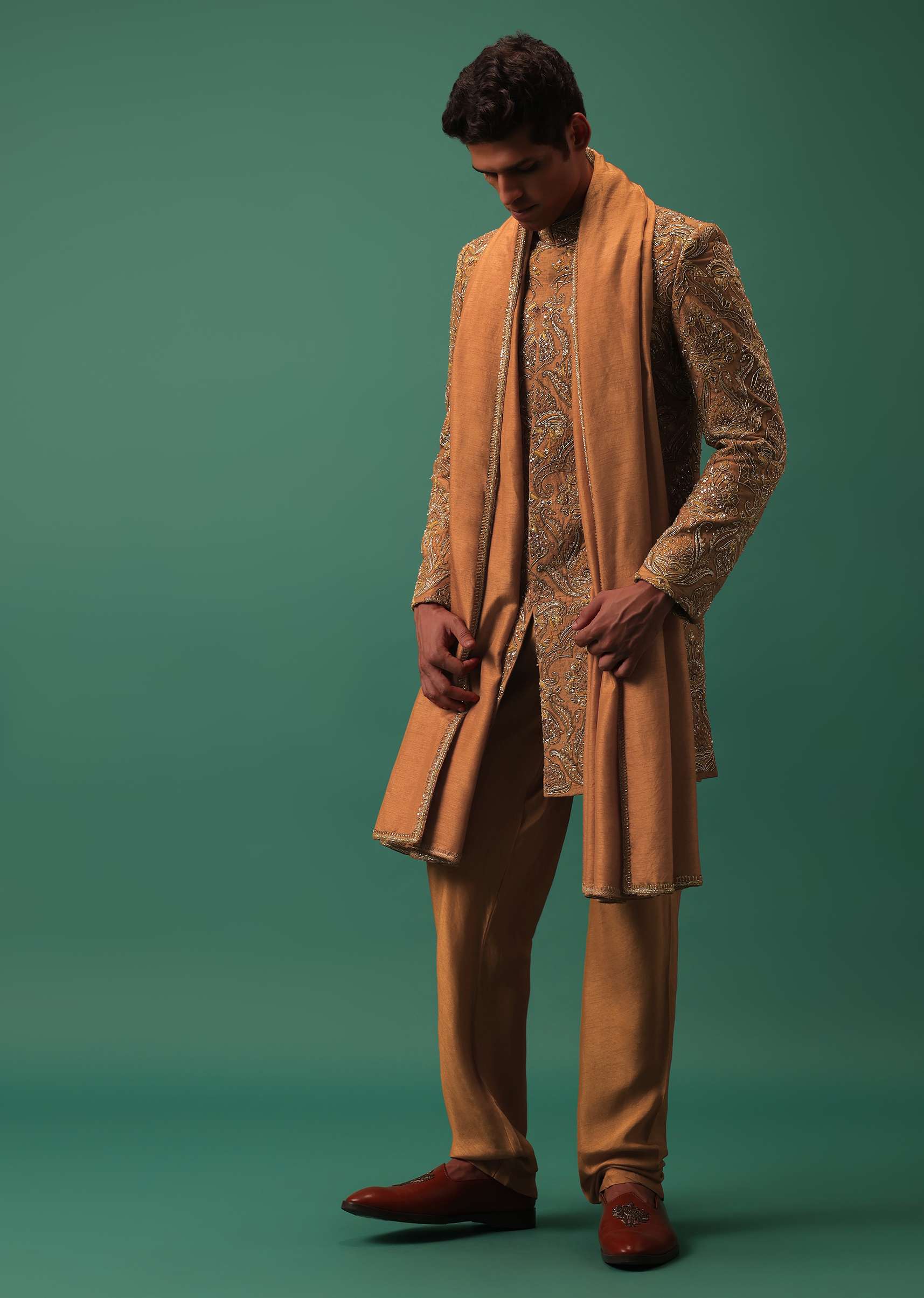 Orange Indo-Sherwani Set With Heavy Embroidery