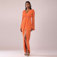 Orange Crepe Gown With Bell Sleeves And Hand Embroidered Belt