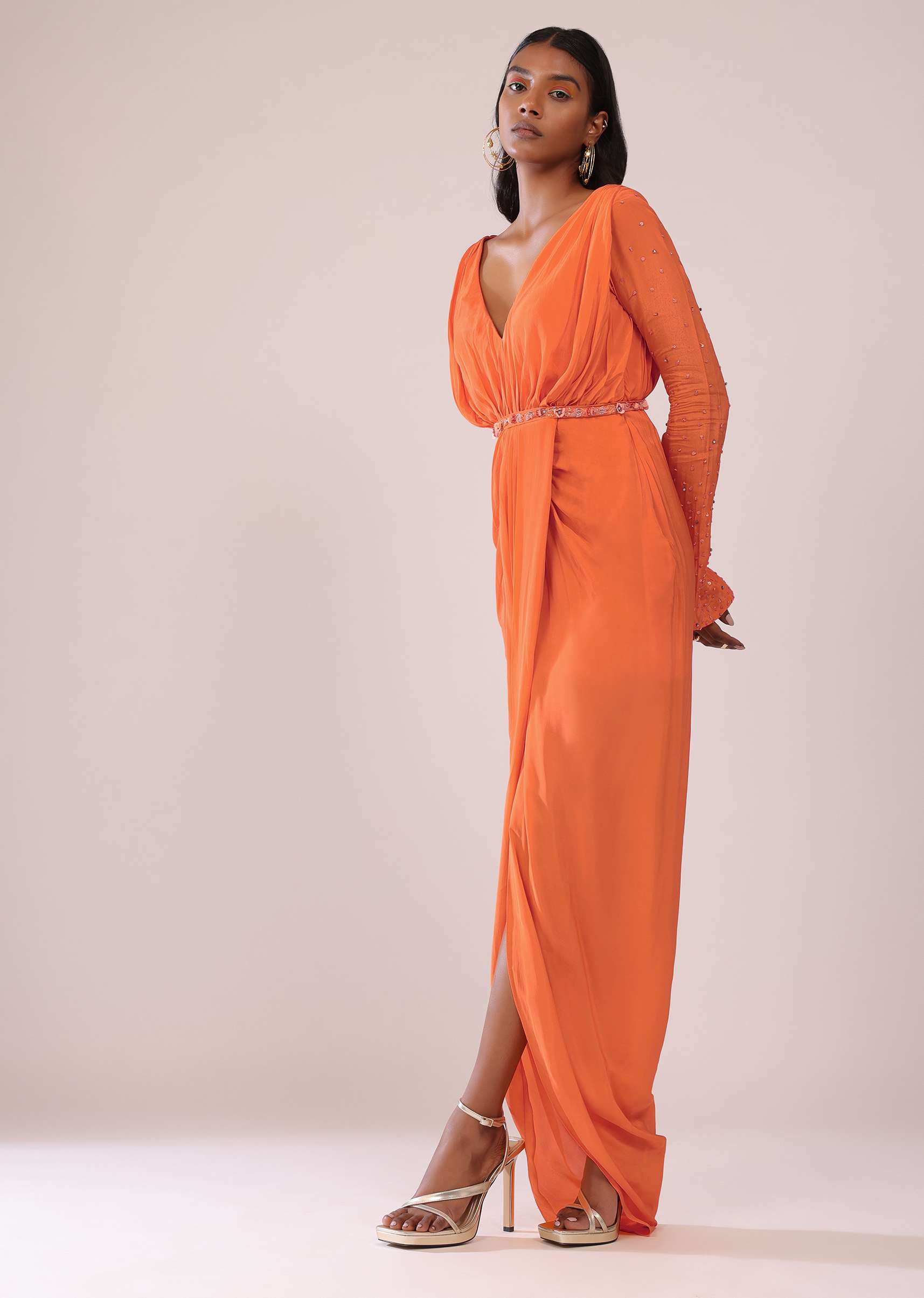 Orange Crepe Gown With Bell Sleeves And Hand Embroidered Belt