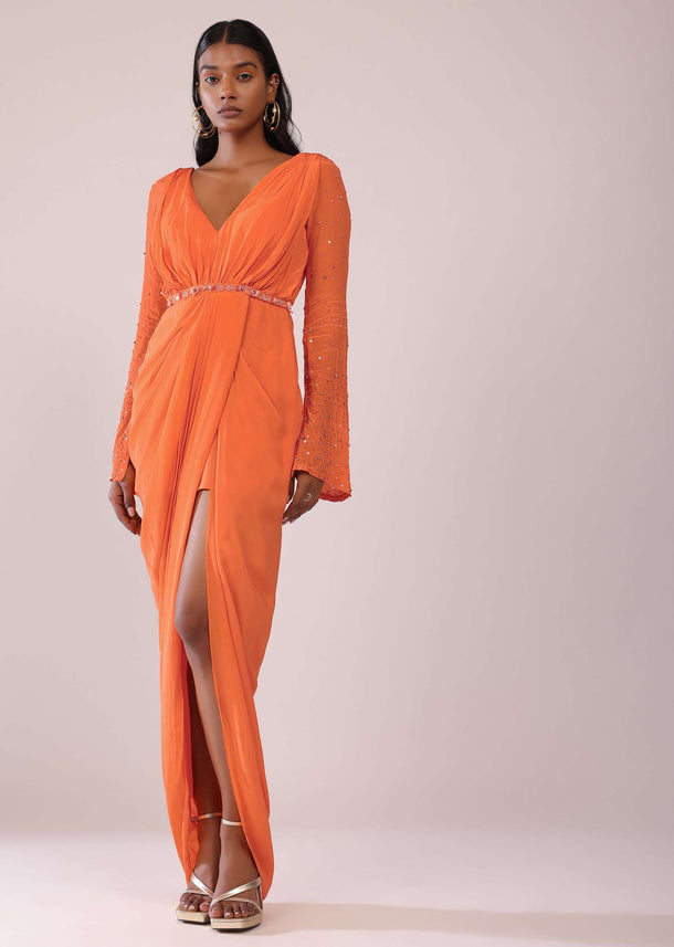 Orange Crepe Gown With Bell Sleeves And Hand Embroidered Belt