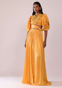 Orange Indo-Western Skirt And Blouse With Balloon Sleeves