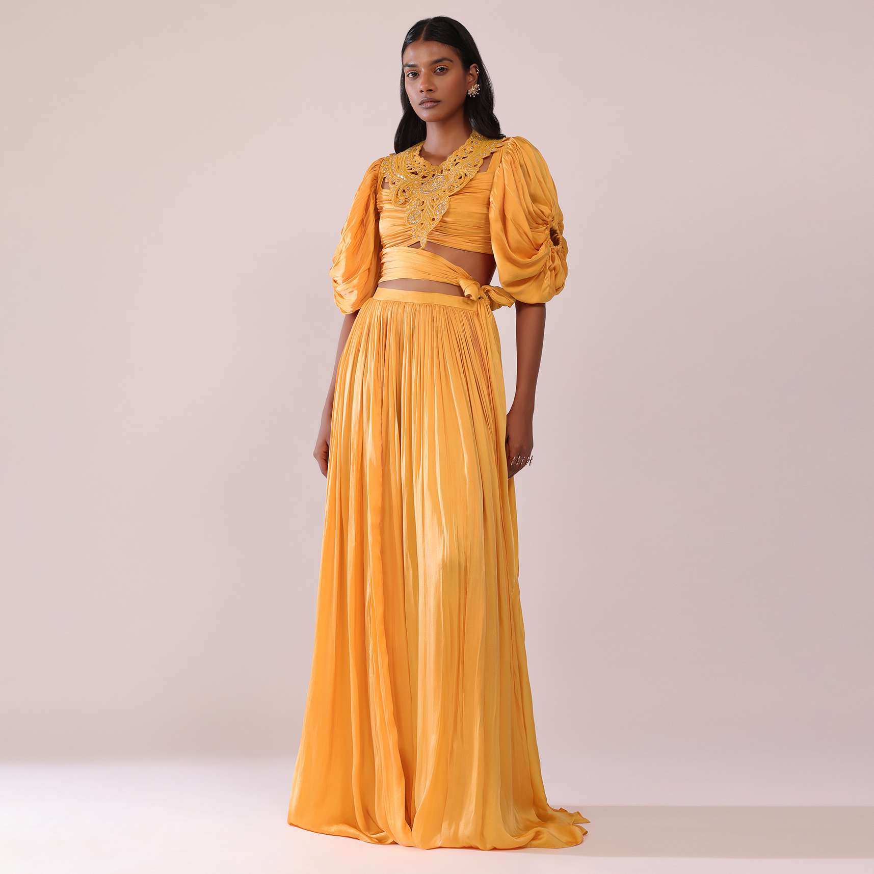 Orange Indo-Western Skirt And Blouse With Balloon Sleeves