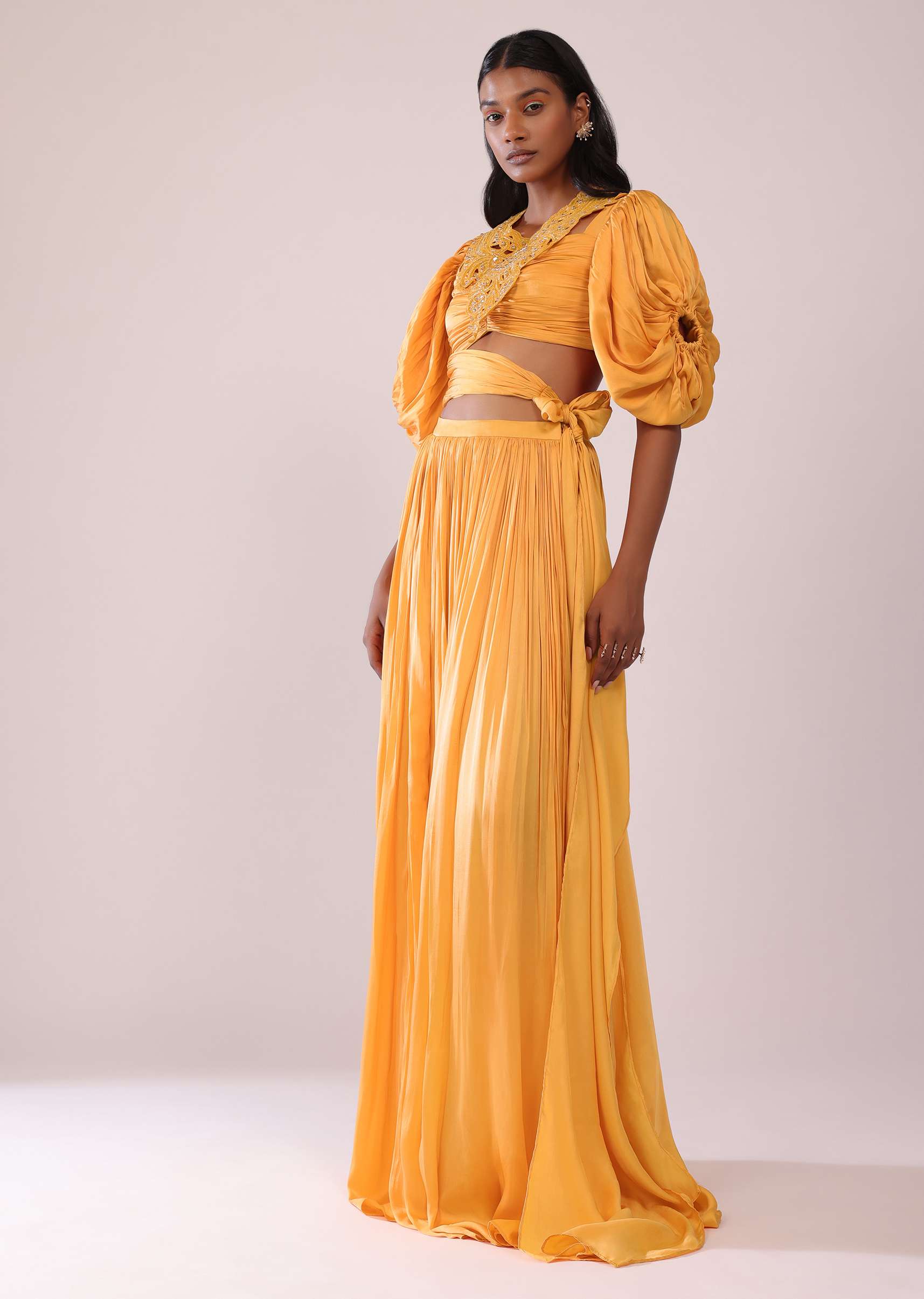 Orange Indo-Western Skirt And Blouse With Balloon Sleeves