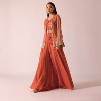 Orange Indo Fusion Jacket Set With Sequin Work