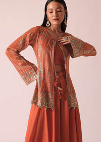 Orange Indo Fusion Jacket Set With Sequin Work