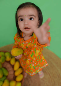 Kalki Girls Orange Kurta And Pant Set For Baby Girls With Mango Print And Front Opening By Tiber Taber