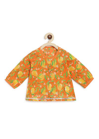 Kalki Girls Orange Kurta And Pant Set For Baby Girls With Mango Print And Front Opening By Tiber Taber