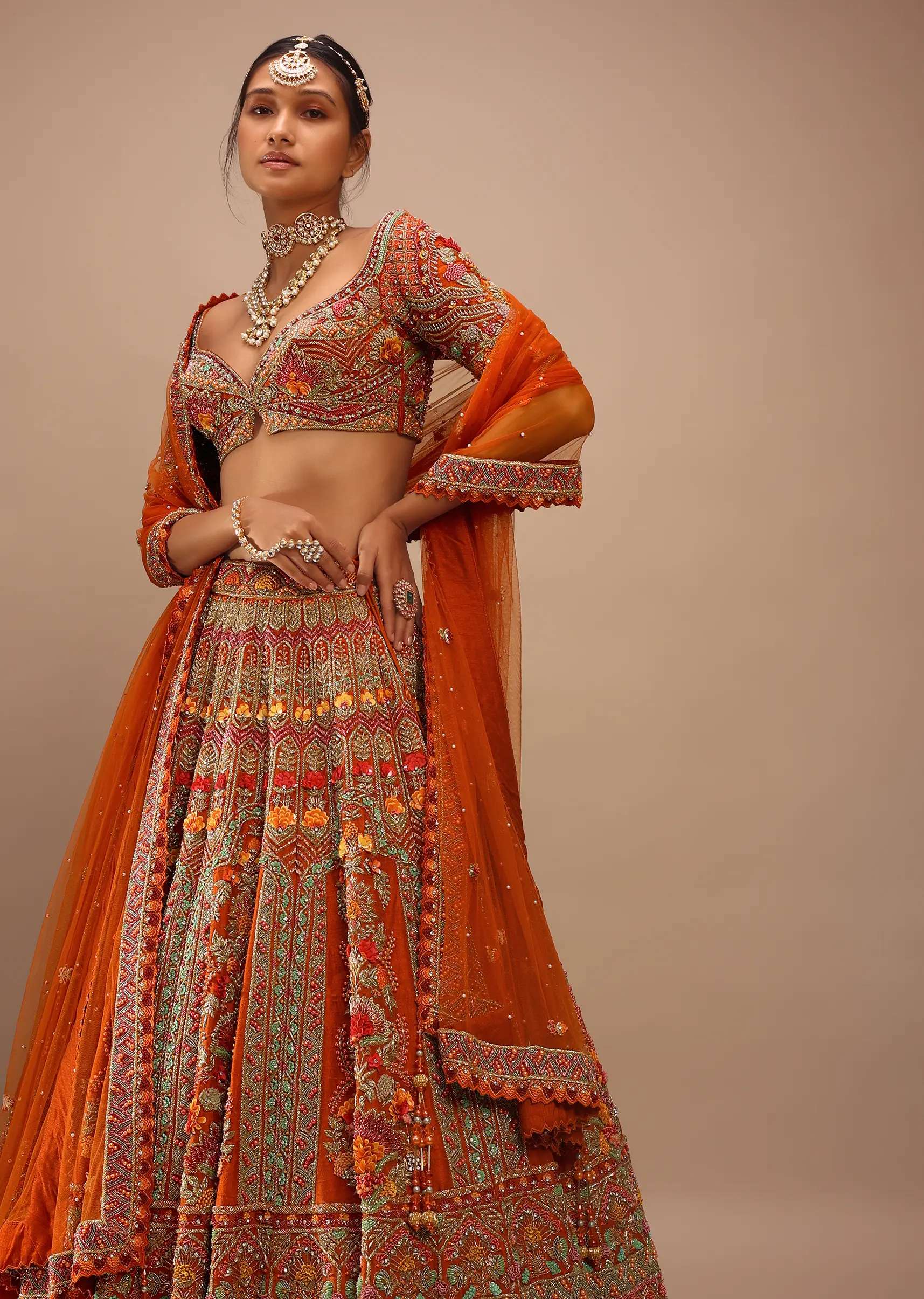 Orange Lehenga With Cut Dana Embroidery On The Choli