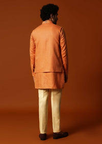 Orange Linen Kurta Jacket Set For Men