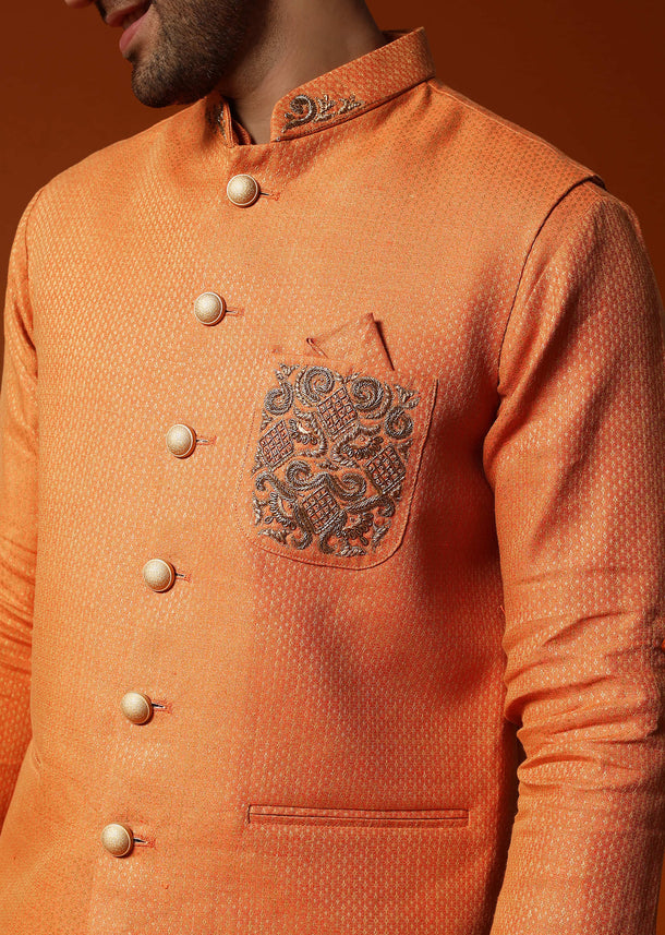 Orange Linen Kurta Jacket Set For Men