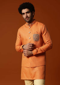 Orange Linen Kurta Jacket Set For Men