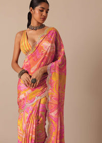 Orange Muslin Saree With Kaleidoscope Prints And Unstitched Blouse Piece