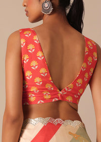 Orange Muslin Saree With Mirror Scallop Border And Unstitched Blouse Fabric