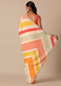 Orange Muslin Saree With Mirror Scallop Border And Unstitched Blouse Fabric