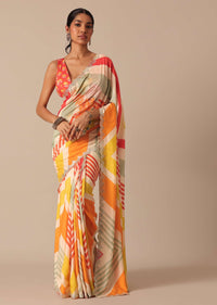 Orange Muslin Saree With Mirror Scallop Border And Unstitched Blouse Fabric