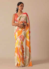 Orange Muslin Saree With Mirror Scallop Border And Unstitched Blouse Fabric