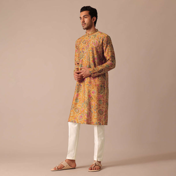 Orange Paisley Print Kurta Set