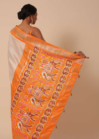 Orange Patola Printed Saree In Dola Silk With Foil Detail Pallu And Unstitched Blouse Piece