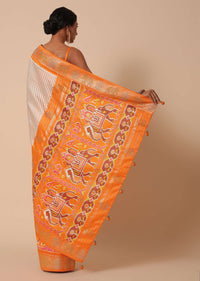 Orange Patola Printed Saree In Dola Silk With Foil Detail Pallu And Unstitched Blouse Piece