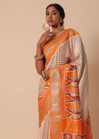 Orange Patola Printed Saree In Dola Silk With Foil Detail Pallu And Unstitched Blouse Piece