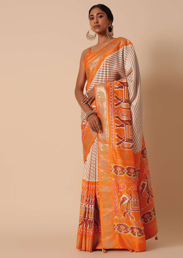 Orange Patola Printed Saree In Dola Silk With Foil Detail Pallu And Unstitched Blouse Piece