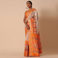 Orange Patola Printed Saree In Dola Silk With Foil Detail Pallu And Unstitched Blouse Piece