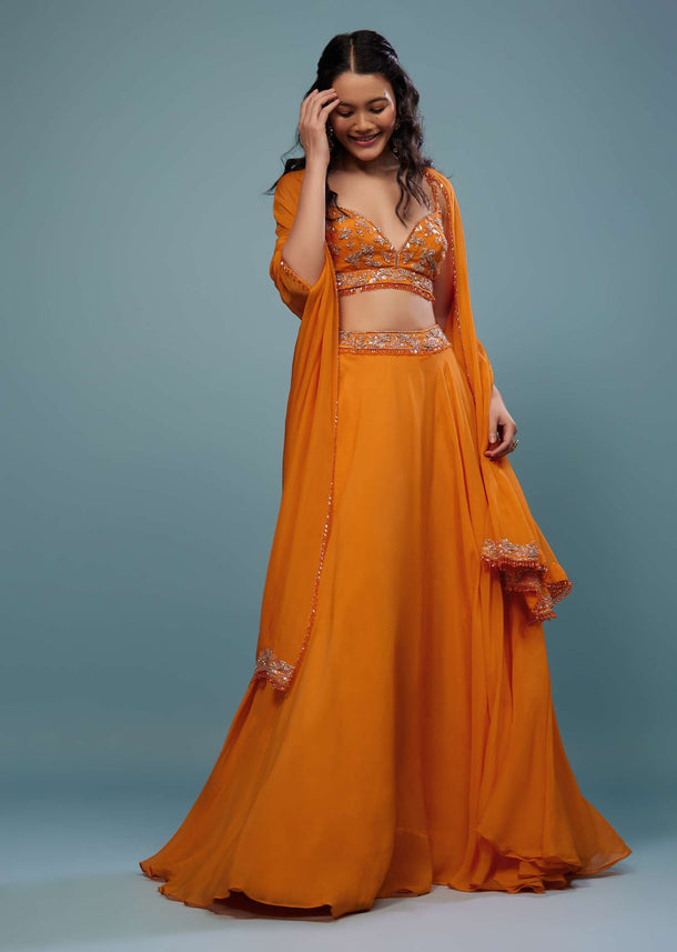 Carrot Orange Embroidered Lehenga Set In Organza