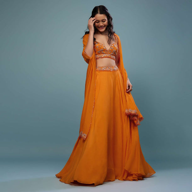 Carrot Orange Embroidered Lehenga Set In Organza