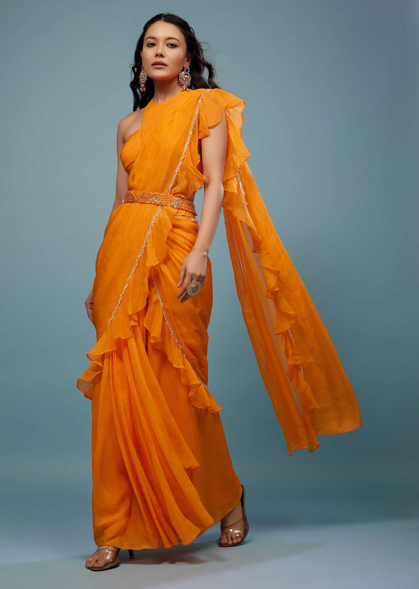 Carrot Orange Ready-Pleated Saree With Frill Pallu