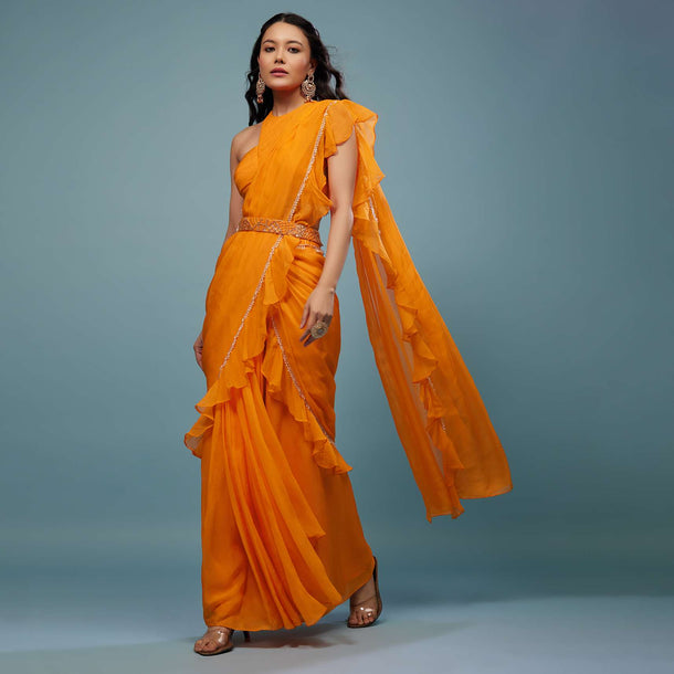 Carrot Orange Ready-Pleated Saree With Frill Pallu