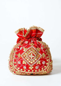 Orange Potli Bag In Silk With Bandhani Print And Gotta Patti Embroidery