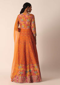 Orange Printed Anarkali Set With Sequin Embroidery