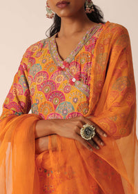 Orange Printed Anarkali Set With Sequin Embroidery