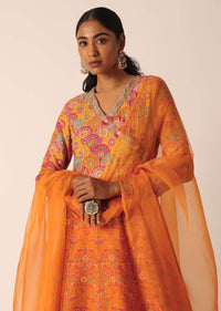 Orange Printed Anarkali Set With Sequin Embroidery