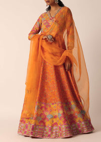 Orange Printed Anarkali Set With Sequin Embroidery