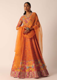 Orange Printed Anarkali Set With Sequin Embroidery