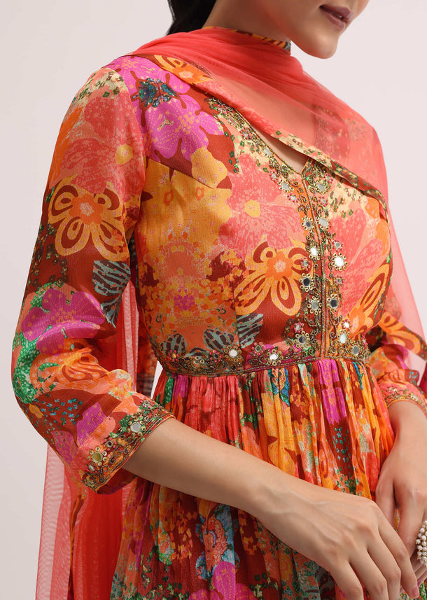 Orange Printed Chiffon Kurta Sharara Set