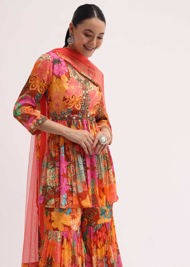 Orange Printed Chiffon Kurta Sharara Set