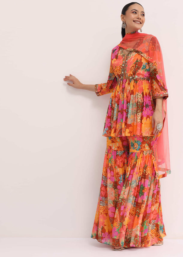 Orange Printed Chiffon Kurta Sharara Set