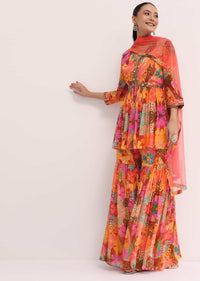 Orange Printed Chiffon Kurta Sharara Set