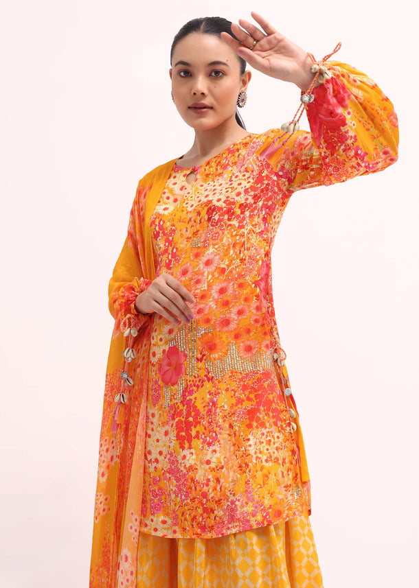 Orange Printed Crepe Kurta Palazzo Set