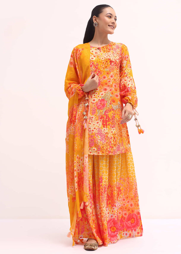 Orange Printed Crepe Kurta Palazzo Set